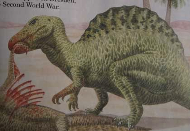 A very 80’s Spinosaurus messily chows down on an Ouranosaurus carcass. Babble Trish