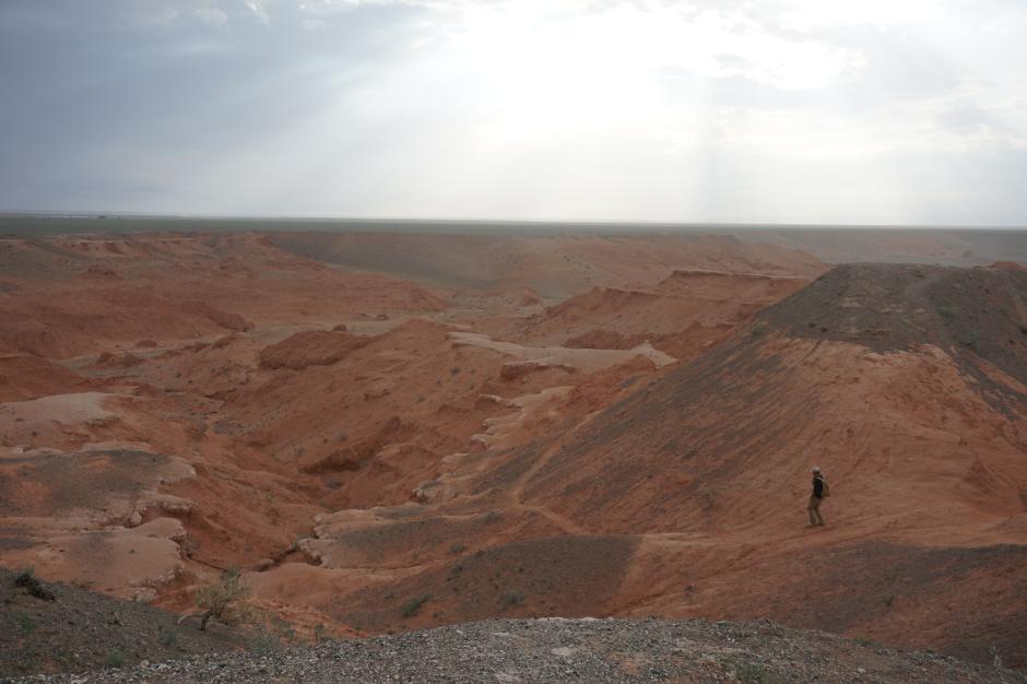 A Mongolian researcher leads the group down the Flaming Cliffs, the same region where Roy Chapman Andrews first found a nest of dinosaur eggs. KESHIA NAURANA BADALGE
