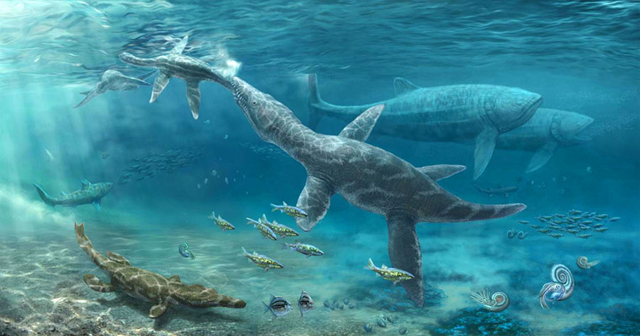 An artist’s impression of Jurassic marine reptiles. Image credit: Nikolay Zverkov.