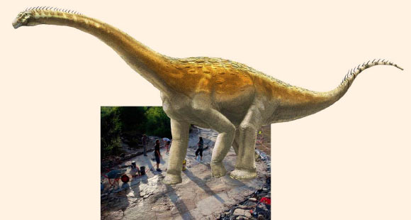 Artist’s impression of the Plagne sauropod dinosaur superimposed on its tracks. Image credit: A. Bénéteau / Dinojura.