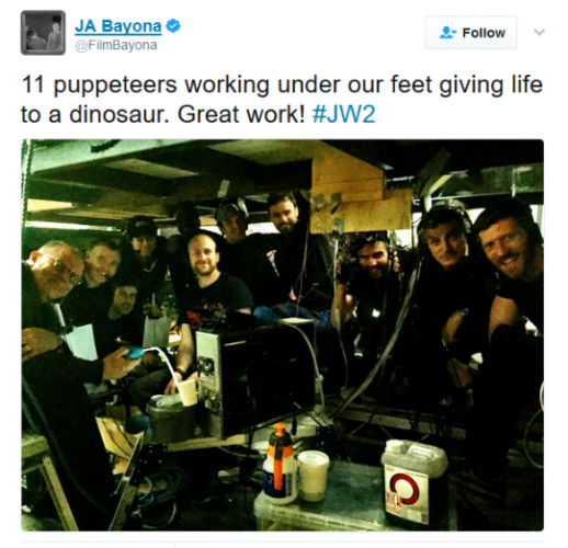 JURASSIC WORLD 2—director JA Bayona posted a photo emphasizing his promise to feature practical effects dinosaurs instead of CGI dinosaurs.