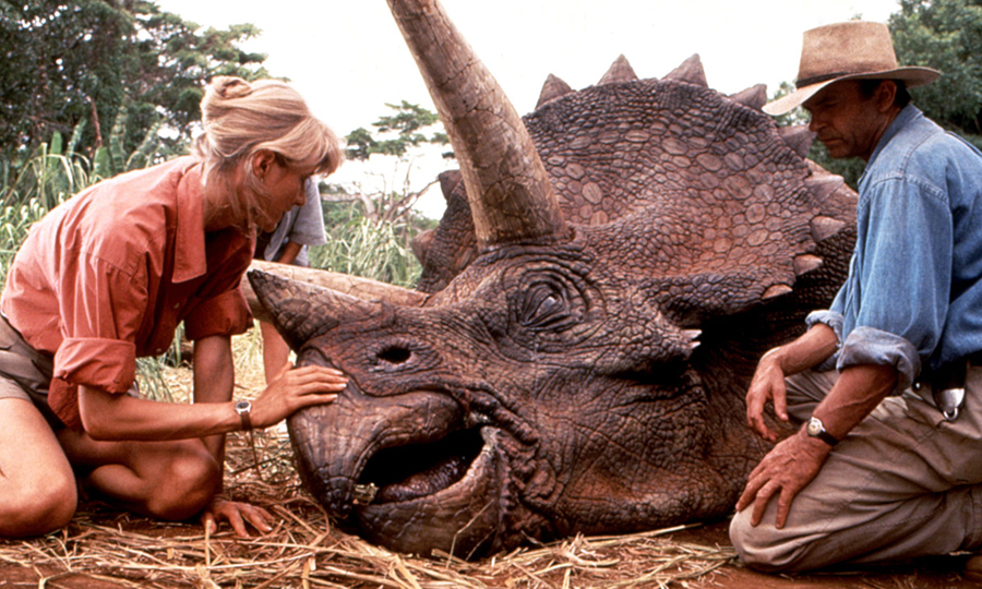  Laura Dern and Sam Neill get tender with a Triceratops in Steven Spielberg’s 1993 blockbuster, Jurassic Park. The film has inspired a new golden age of discovery, having ‘de-nerded’ the study of dinosaurs. Photograph: MCA/Everett/Rex Features