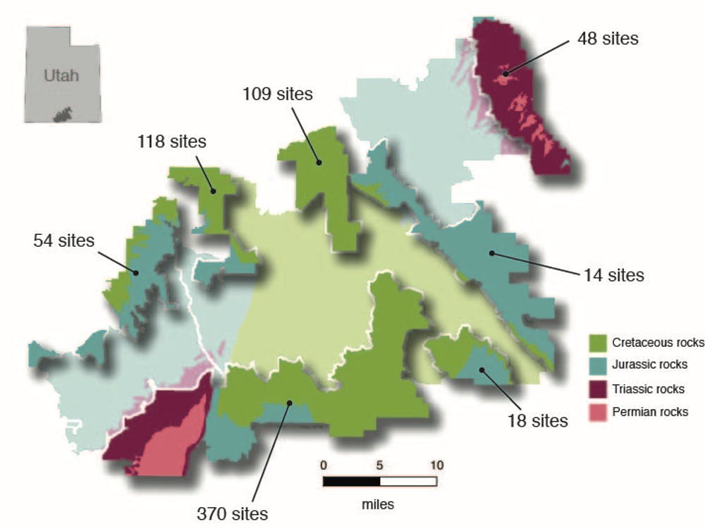 Map of Trump’s cut from Grand Staircase-Escalante National Monument (bolded areas) with number of known excluded paleontological sites in each. P. David Polly, 2018, CC BY-ND