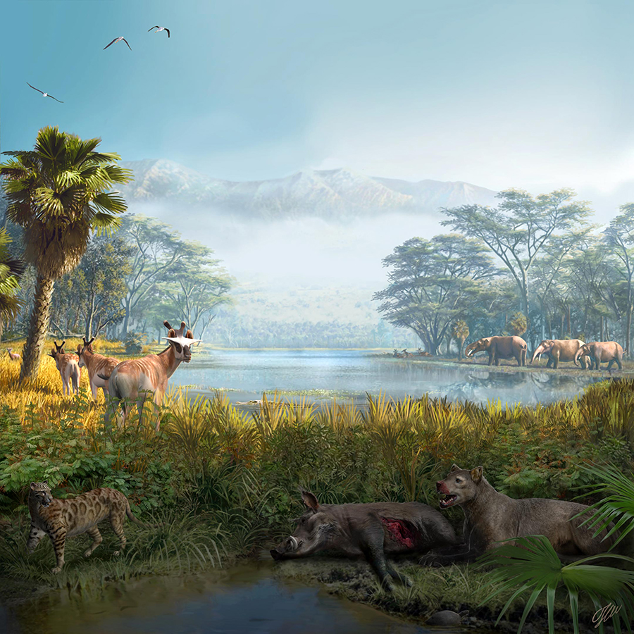 Paleoenvironmental reconstruction of the extinct mammal community recovered at the fossil site of Els Casots (Spain), dated around 16 million years ago, which is an example of the earliest major stage of Iberian ecosystems of the past 21 million years. During this period, fossil relatives of modern deer and elephants lived in a dry, warm environment, with less diverse ecological interactions than geologically younger communities. Credit: Artwork by Oscar Sanisidro (Universidad de Alcalá de Henares)