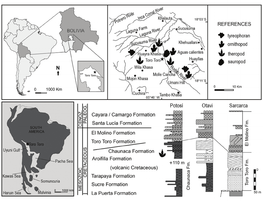 Top, left: location map of Toro Toro, Potosí Department, Bolivia, South America; right: detailed map with the main ichnological sites. Bot- tom: paleogeographical reconstruction of South America during the Late Campanian (modified from Pascual et al ., 1996) and the lithostratigraphic framework of three trace-fossil bearing sections (modified from Hippler et al ., 1999)/ Arriba, izquierda: mapa de localización de Toro Toro, departa- mento de Potosí, Bolivia, América del Sur; derecha: mapa detallado con los principales sitios icnofosilíferos. Abajo, reconstrucción paleogeográfica de América del Sur durante el Maastrichtiano (modificado de Pascual et al ., 1996) y la litoestratigrafía de tres secciones portadoras de icnofósiles (modificado de Hippler et al ., 1999). 