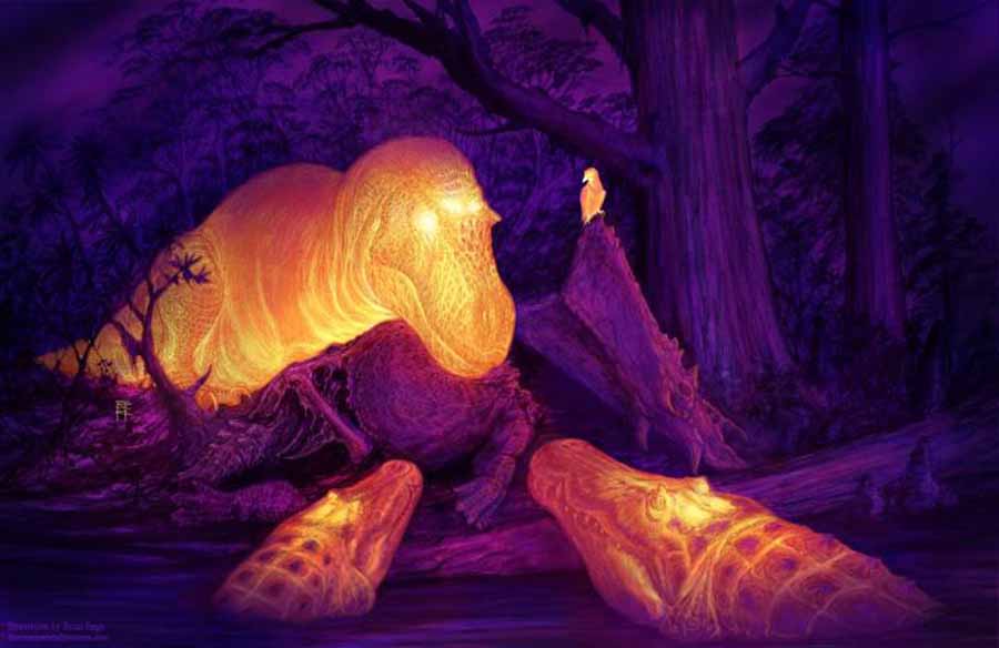 A graphic thermal image of a T. rex with its dorsotemporal fenestra glowing on the skull. Image credit: Brian Engh.