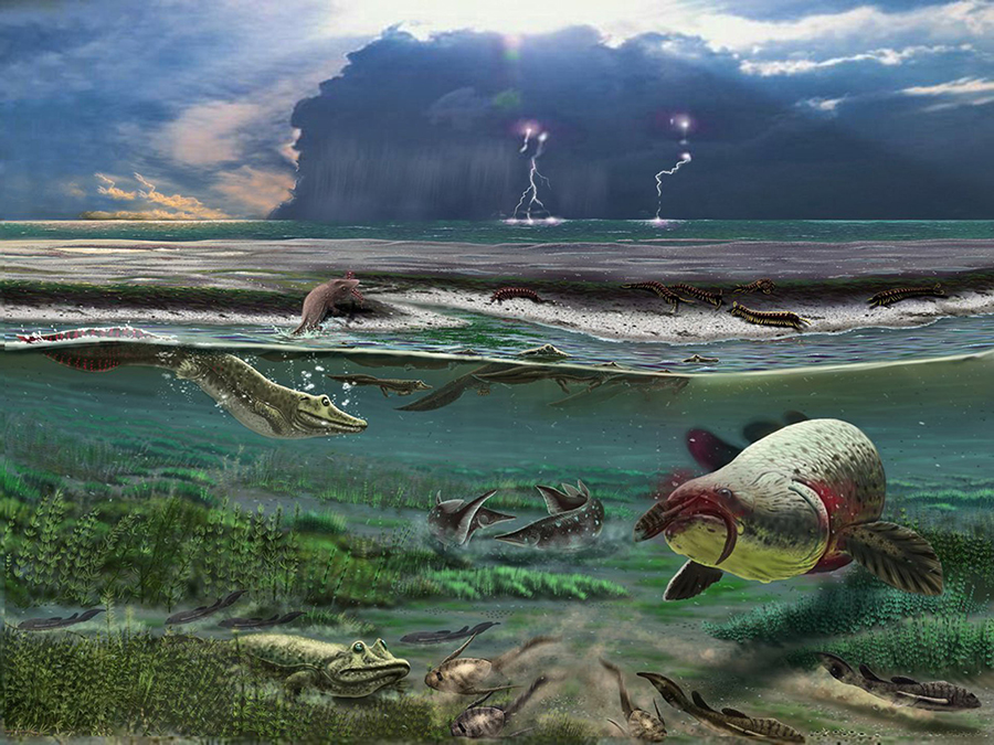 An artist’s reconstruction of the Devonian-period Sosnogorsk lagoon just before a storm. Image credit: Mikhail Shekhanov / Ukhta Local Museum.