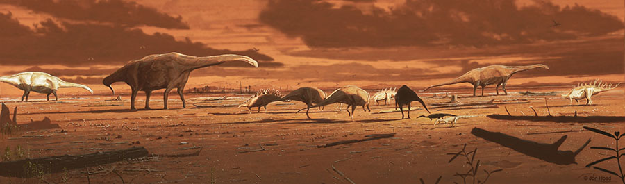 A snapshot of what the dynamic coastal environment of Skye may have looked like during the Middle Jurassic which bipedal ornithopods, theropods of various sizes, and stegosaurs in the foreground and middle on subaerially-exposed mudflats; in the distance, large sauropods wade in shallow lagoons. Image credit: Jon Hoad.