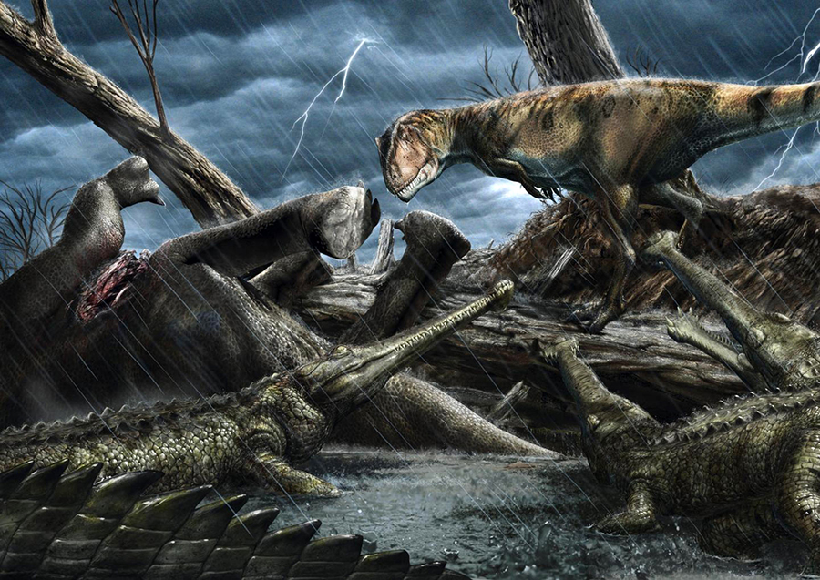 The giant predatory dinosaur Carcharodontosaurus eyes a group of Elosuchus — crocodile-like hunters — near a carcass. Image credit: Davide Bonadonna.