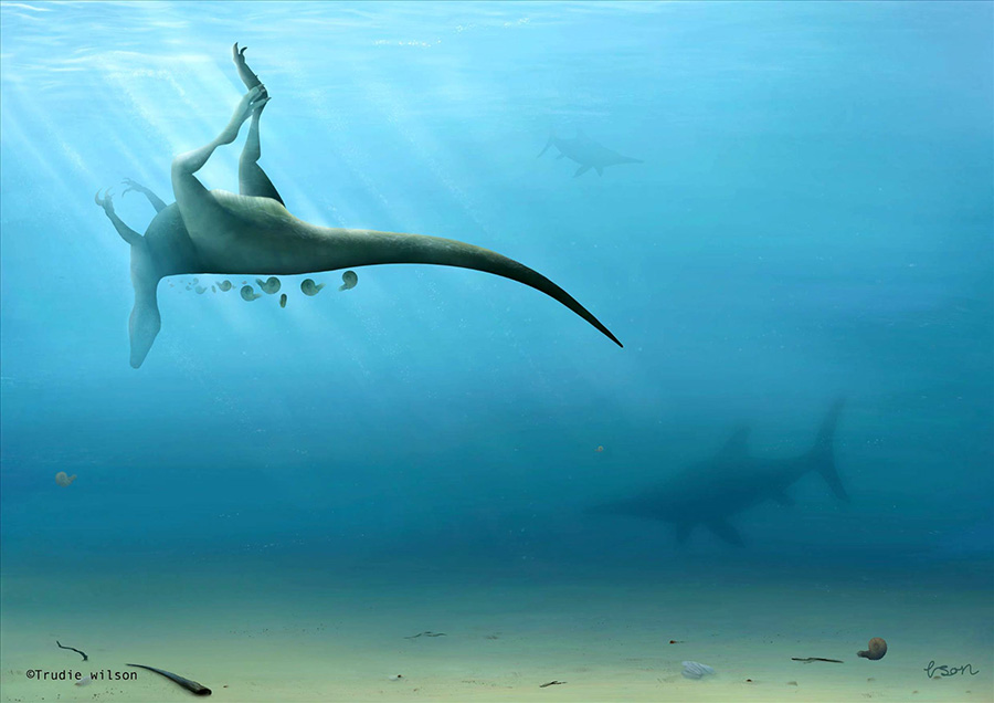 An artist’s impression of Vectaerovenator inopinatus’ final moments. Image credit: Trudie Wilson.