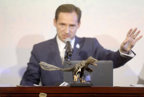 Rep. Steve Eliason, R-Sandy, discusses HB322, which would create Utahraptor State Park in the Dalton Wells area near Moab, during a press conference at the Capitol in Salt Lake City on Friday, Feb. 14, 2020.  Kristin Murphy, Deseret News