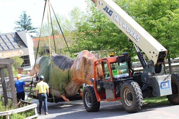 T. rex was one of the first dinosaurs to arrive at the zoo Monday. The Dinosaur Invasion! exhibit officially opens May 25.( photos by Maria Simmons)